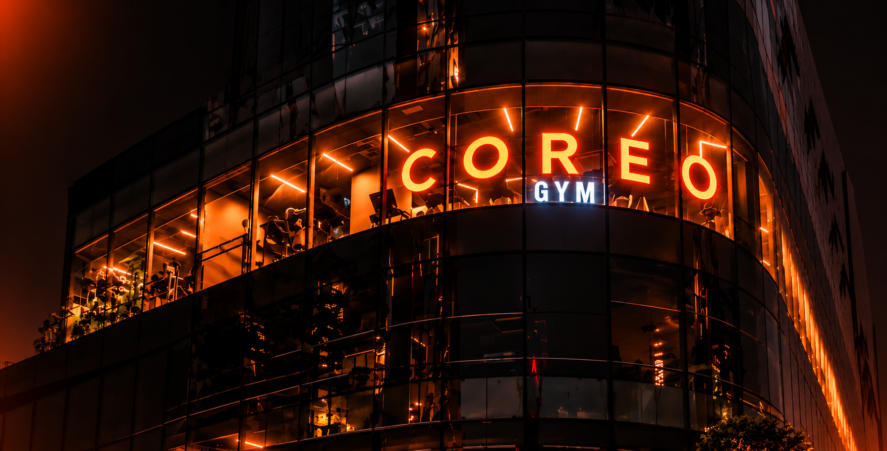COREO gym exterior illuminated at night in Balewadi, Pune