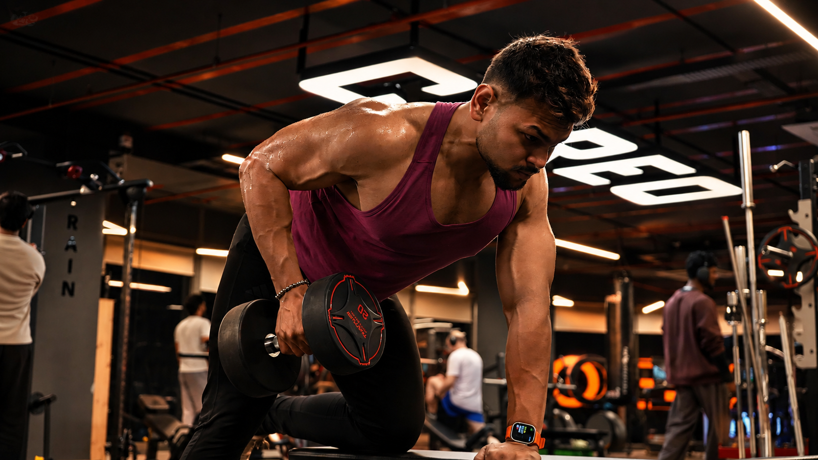 COREO member performing a dumbbell row on the strength floor