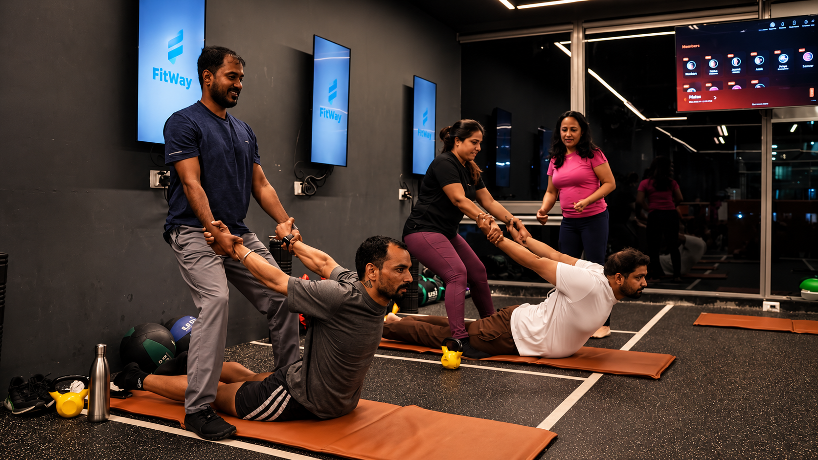 COREO coach assisting members during a functional training exercise